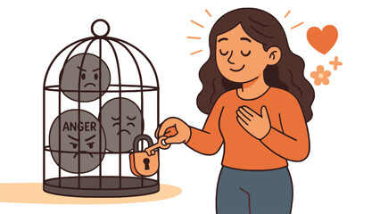 A woman locking away her negative emotions with a sense of relief and calmness.