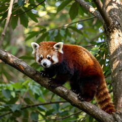 Obraz premium A red panda climbing a tree in a lush forest with dappled sunlight and rich green foliage all around.