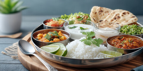 Indian food platter with rice, curry, naan bread, and fresh lime served on metal tray