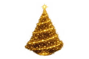 Golden glittering christmas tree with sparkling lights and star, festive holiday decoration, transparent background