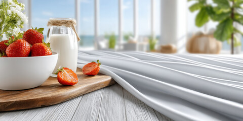 Fresh strawberries and milk on wooden board with white fabric and bright window background
