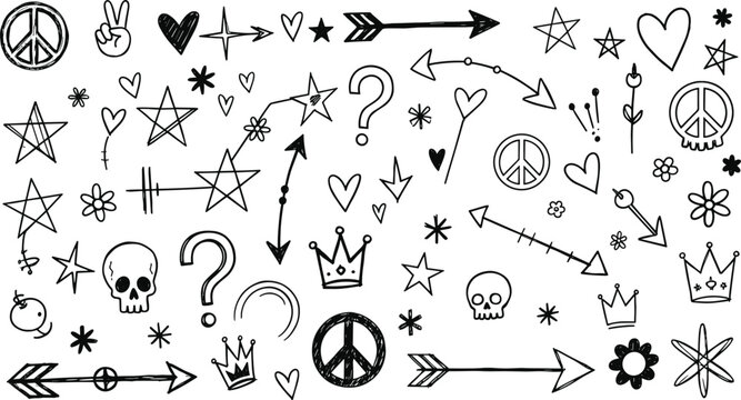 Hand drawn doodle symbol set with arrows hearts stars skulls crowns peace signs and decorative sketch elements