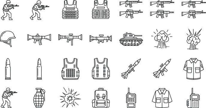 Military weapons and equipment line icon set with soldiers firearms armor explosives and combat tactical symbols
