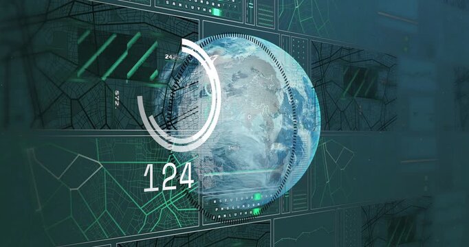 Animation of changing numbers, map, loading circle and navigation pattern against globe