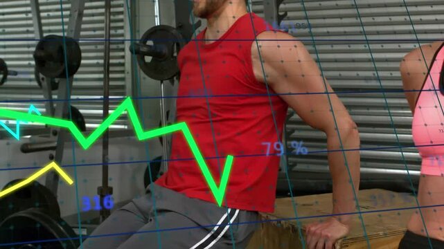Animation of graphs moving over caucasian fit couple performing triceps exercise at the gym