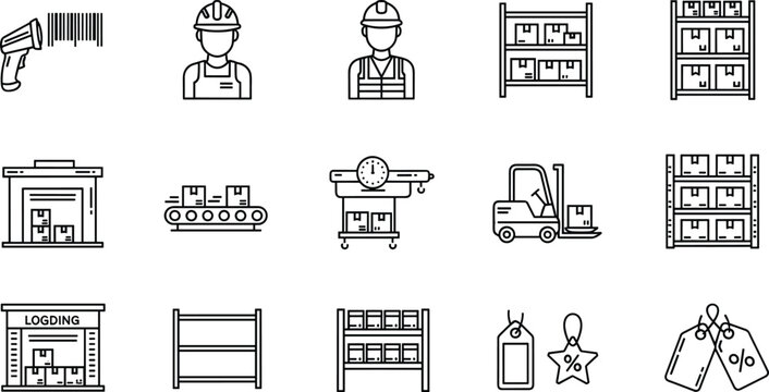 Warehouse and logistics line icon set with workers shelves forklifts inventory storage and shipping management symbols
