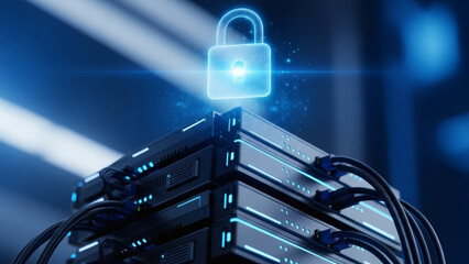 Secured Data Center Servers with Glowing Padlock Icon Representing Digital Security and Cyber Protection in a Modern Network