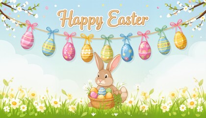 Happy Easter. Easter card with hanging garland with easter eggs and rabbit. Vector illustration.