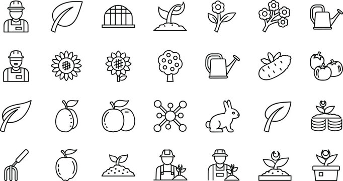Farming and gardening line icon set with plants tools farmers greenhouse crops and agricultural elements outline style