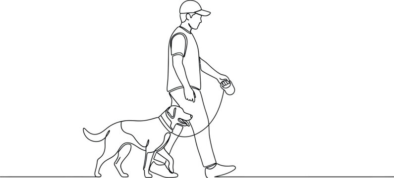 A man walking with a dog on a leash in a simple line drawing style