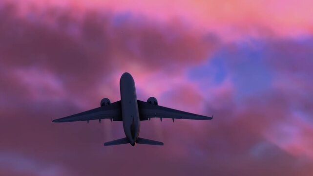 Silhouette of an airplane at sunset, captured from a low angle, perfect for video backdrops