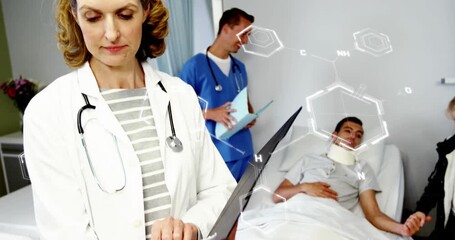 Animation of chemical structures against caucasian female doctor reading medical reports at hospital - Powered by Adobe