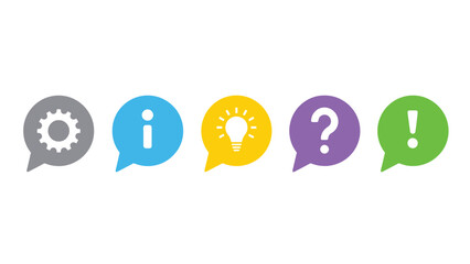 A colorful set of speech bubbles with various symbols on a white background