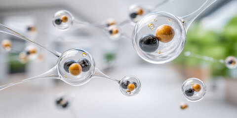Transparent molecular structure with black and orange spheres in blurred background