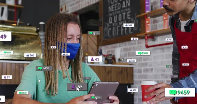 Animation of social media data processing over diverse people in cafe