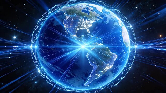 Digital earth model with blue glowing network lines in starry space background