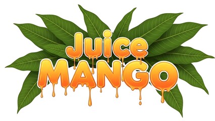 Refreshing mango juice amidst green leaves illustration