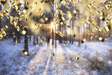 Naklejka premium christmas confetti holiday background, winter landscape outdoor, new year