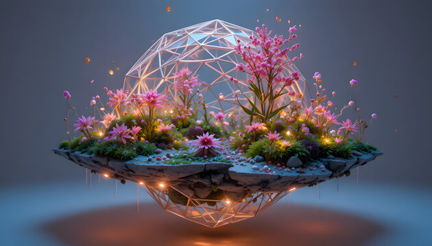 Floating floral globe in futuristic wireframe with pink flowers and warm glowing lights in soft focus for digital art - Powered by Adobe