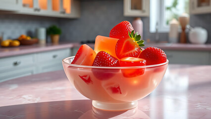 Fresh strawberries in a glass served with sweet melon and kiwi slices make a delicious red fruit cocktail dessert that is healthy and ripe for a tasty summer drink