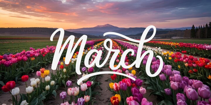 March spring landscape with colorful tulip field and mountain at sunset
A wide outdoor scene shows the word March written in large white script placed across the center of the image, using smooth curv