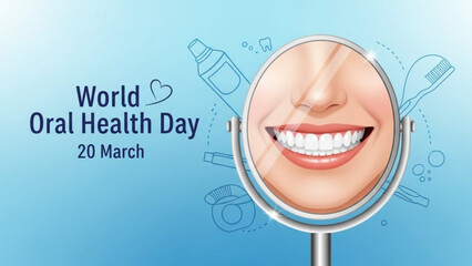 Fototapeta premium Smiling face in magnifying glass for world oral health day on march 20th with dental care icons