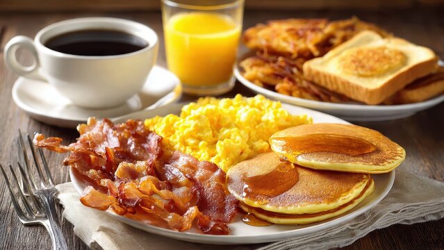 American breakfast with scrambled eggs, crispy bacon, golden pancakes with maple syrup, hash browns, buttered toast, a cup of black coffee, and a glass of orange juice