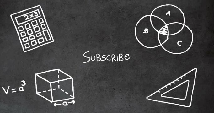 Animation of subscribe text and mathematical data processing over blackboard