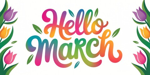 Hello March spring illustration with colorful gradient script and tulip flower