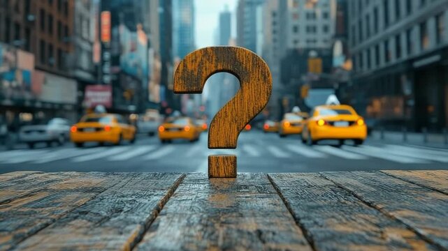 Carved wooden question mark placed on a rustic wooden surface, with a softly blurred city street in the background, symbolizing curiosity, uncertainty, and seeking answers. Banner, Copy space