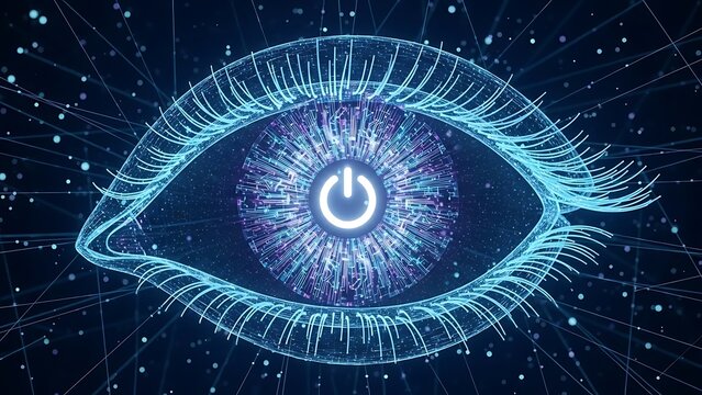 Digital Biometric Eye Vision with Power Button Symbol, Futuristic Surveillance and Control Interface in Glowing Blue Wireframe Style