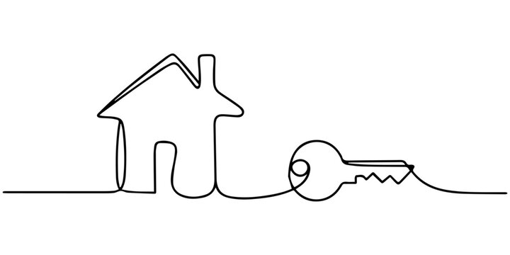 Elegant continuous line drawing of keys and house symbolizing home ownership and security vector, Continuous one line art drawing symbol of house keys, Single Line Vector Illustration, Real Estate