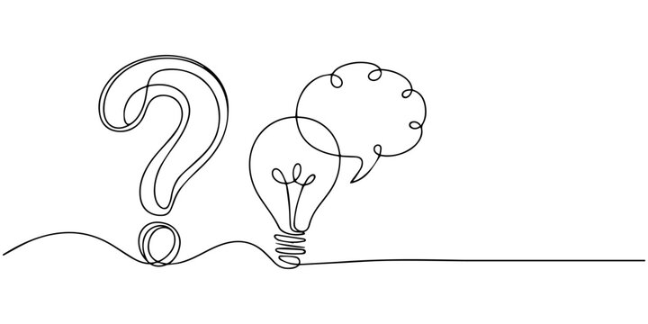 light bulb and speech bubbles continuous one line drawing, Hand drawn one line vector. Quick tips. Continuous one line drawing of question mark, light bulb and speech bubbles. Trendy line art vector