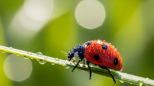 A close-up shot of a red ladybug covered in water droplets on a blade of grass - Powered by Adobe