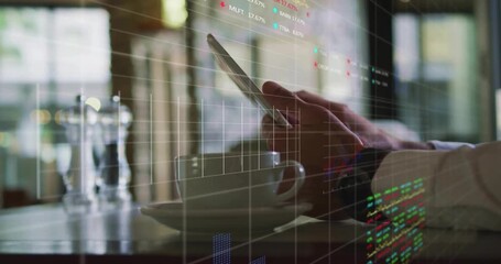 Animation of financial data processing african american businessman using smartphone - Powered by Adobe