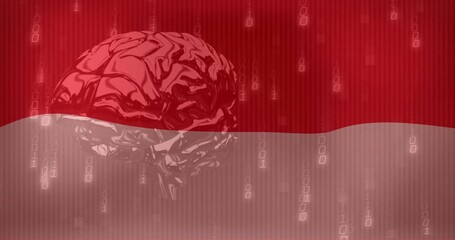 Animation of flag of indonesia over binary coding and brain - Powered by Adobe