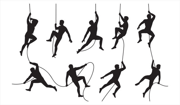 Aerial acrobat silhouettes performing rope and circus movements