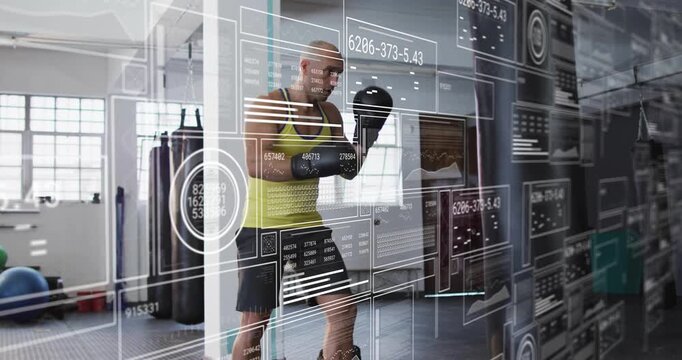 In gym, man practicing boxing with animation overlaying his movements
