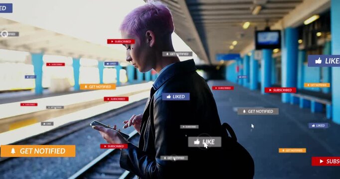 At train station, person with pink hair receiving social media notifications animation