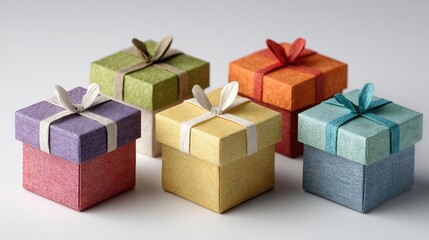 Obraz premium Colorful Gift Boxes with Ribbons on White Background