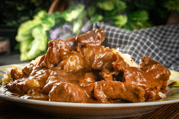 Chunky beef stew with savory sauce.