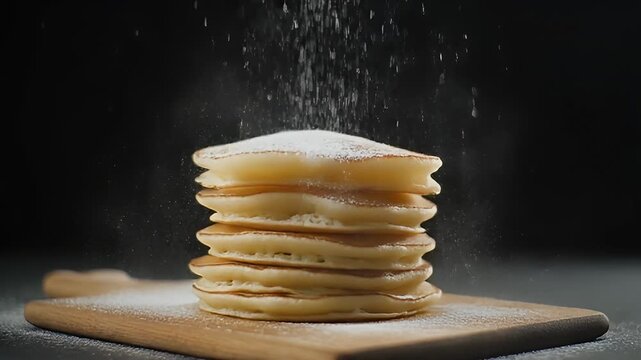 A stack of pancakes on a wooden cutting board being sprinkled with powdered sugar from above in a dark environment
