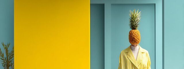 Whimsical Creative Concept A Yellow Suit-Wearing Man with a Pineapple for a Head in a Bright Studio
