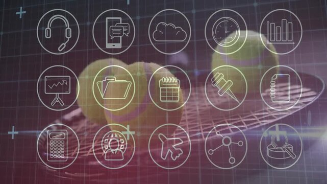 Tennis balls and racket strings blending with glowing tech icons over purple and blue grid