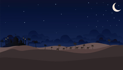 Peaceful Islamic Desert Landscape with Arabian Night Desert Caravan with Mosque Under Moonlight Lanterns, for festival, banner, greeting card design.