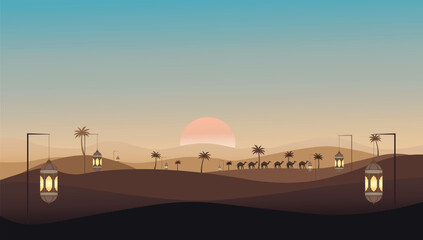 Peaceful Islamic Desert Landscape with Desert Sunset with Camel Caravan.