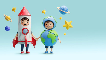 Joyful 3D kids in rocket and Earth costumes holding hands, a banner with planets and stars on blue, ideal for Space Day, educational content, and global friendship awareness.