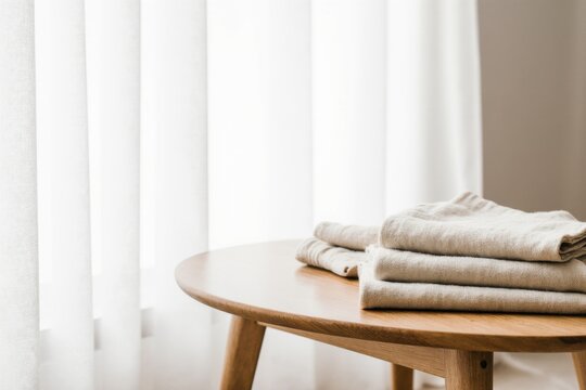 Minimal cozy interior with folded linen towels on wooden table near window
