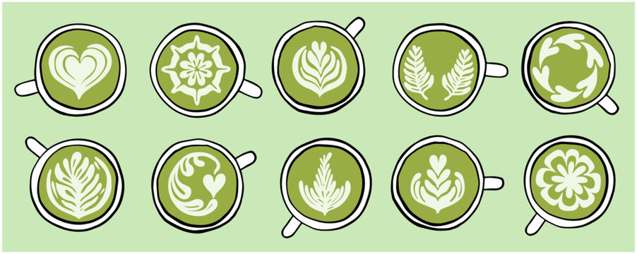 matcha latte art illustration set &ndash; green tea cup top view vector
