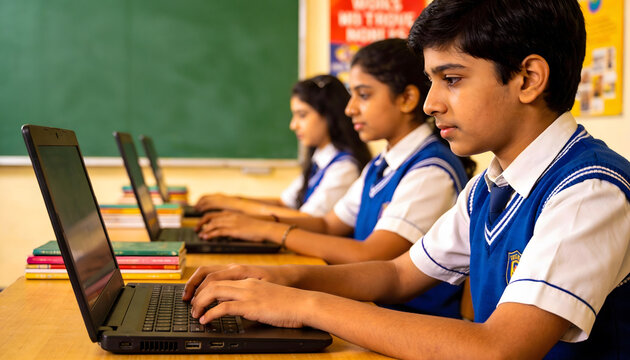 Students immersed in digital learning at school, embodying concentration and the future of education, highlighting tech's pivotal role in academic growth today